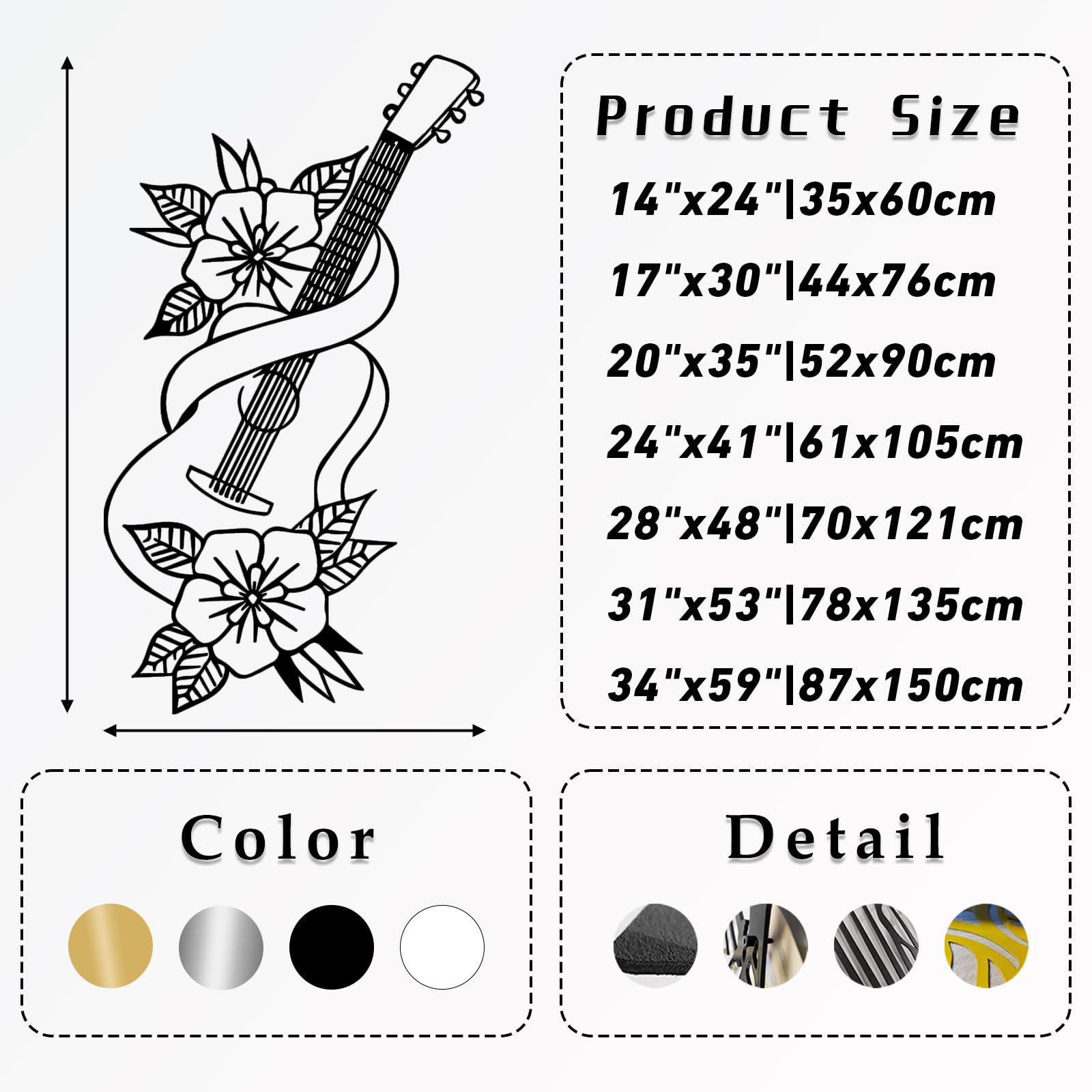 Współczesna abstrakcyjna metalowa dekoracja ścienna sztuka gitarowa, minimalistyczne kwiatowe powieszenia, dekoracja liniowa, prezenty dla miłośników muzyki, dom (35 x 60 cm, złoty)
