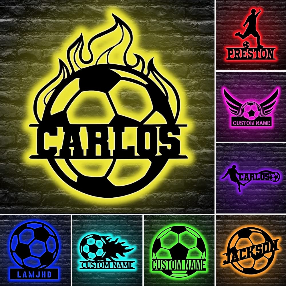Personalized Soccer Wall Decor with Led Lights Football Lamp Custom Neon Name Sign 16 Colors Changing with Remote Control Christmas Night Light Metal Wall Art Birthday Gifts for Kids Boys Bedroom