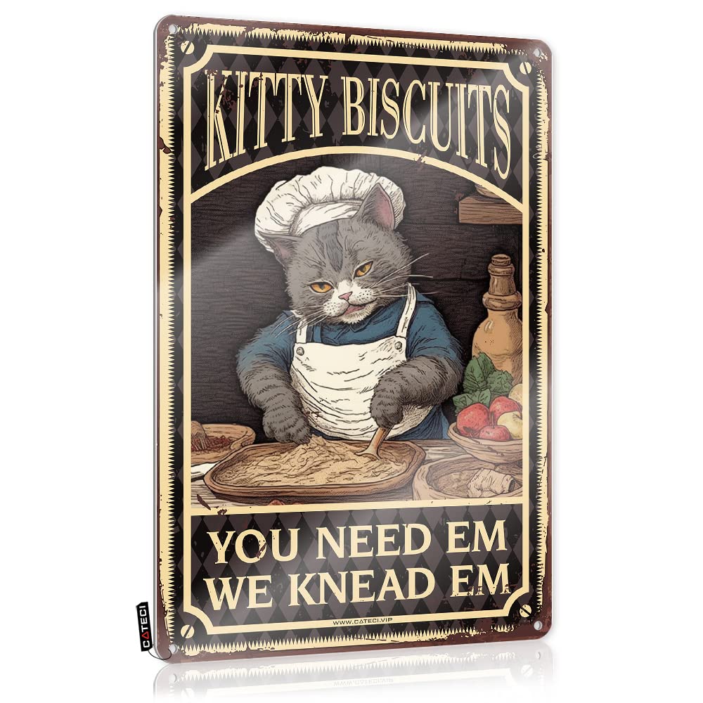 MGHTLCCME Funny Warning Signs Kitty Biscuits We Knead Em You Need Tin Sign Metal Garden Decorcute Kitchen Accessoriescute Decoroffice Decor For Women Bar Sign Metal Home Bar Decor(30X40CM)