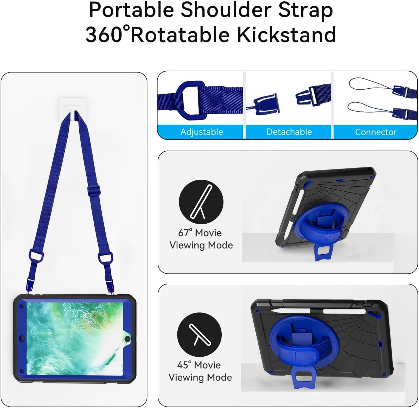 Case for iPad 6th/5th Generation 9.7'' with Screen Protector Pencil Holder [360 Rotating Hand Strap] &Stand, Drop-Proof Case for iPad 6th/5th/ Air 2/ Pro 9.7-Black+Blue - Image 6