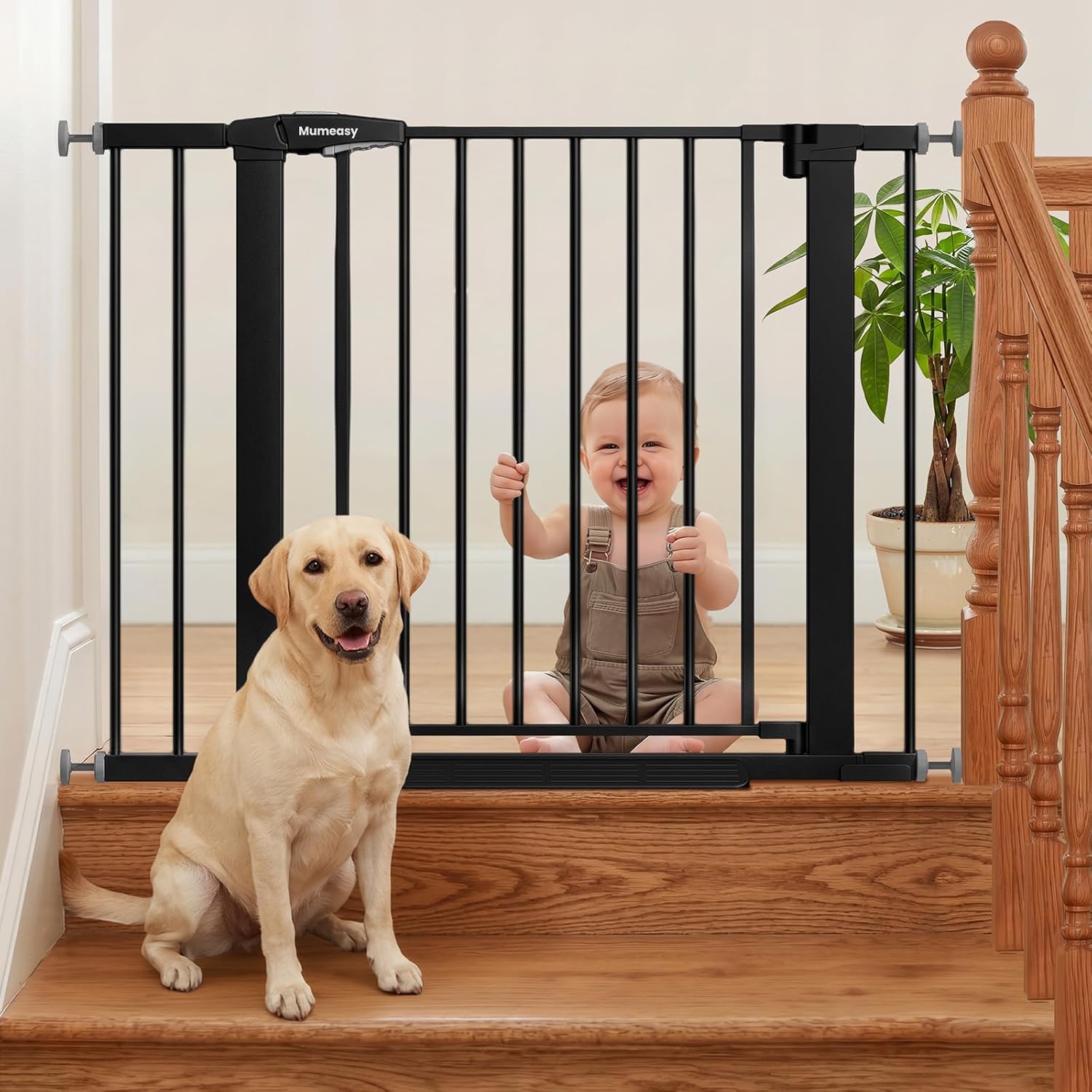 Mumeasy 29.7-40.6" Baby Gate for Stairs, Auto Close Dog Gate for Doorways, Pressure Mounted No Drill Pet Gate with Easy Walk Thru Door, Double Lock, Black