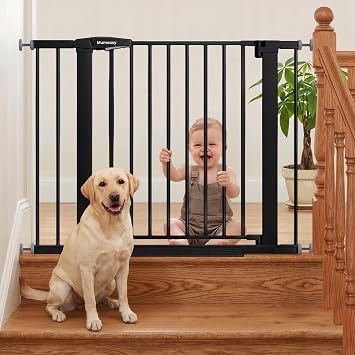 Mumeasy 29.7-40.6" Baby Gate for Stairs, Auto Close Dog Gate for Doorways, Pressure Mounted No Drill Pet Gate with Easy Walk Thru Door, Double Lock, Black