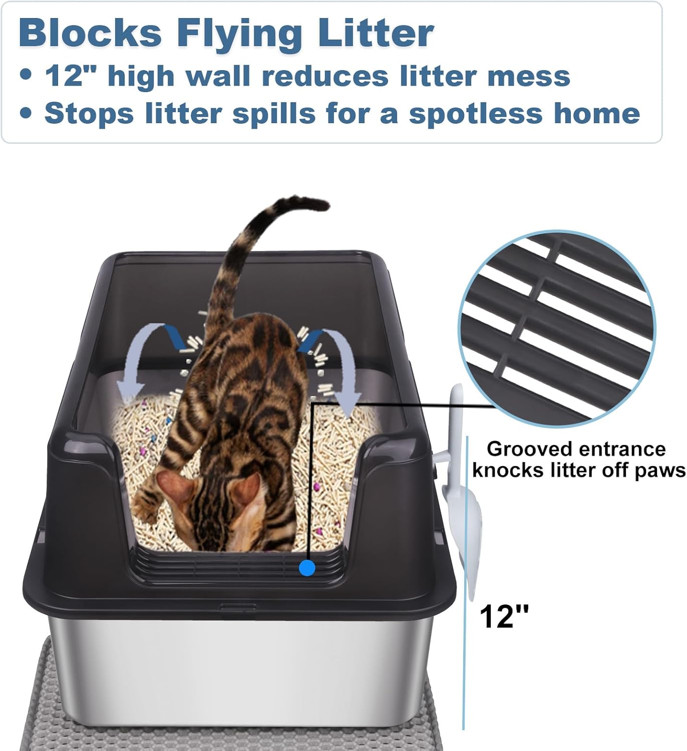 Stainless Steel Cat Litter Box with Lid - XL Extra Large Enclosed Metal Litter Pan for Big Cats, High Sided Non-Stick Odor Resistant Anti-Urine Leakage, Easy Clean with Scoop & Mat, Black