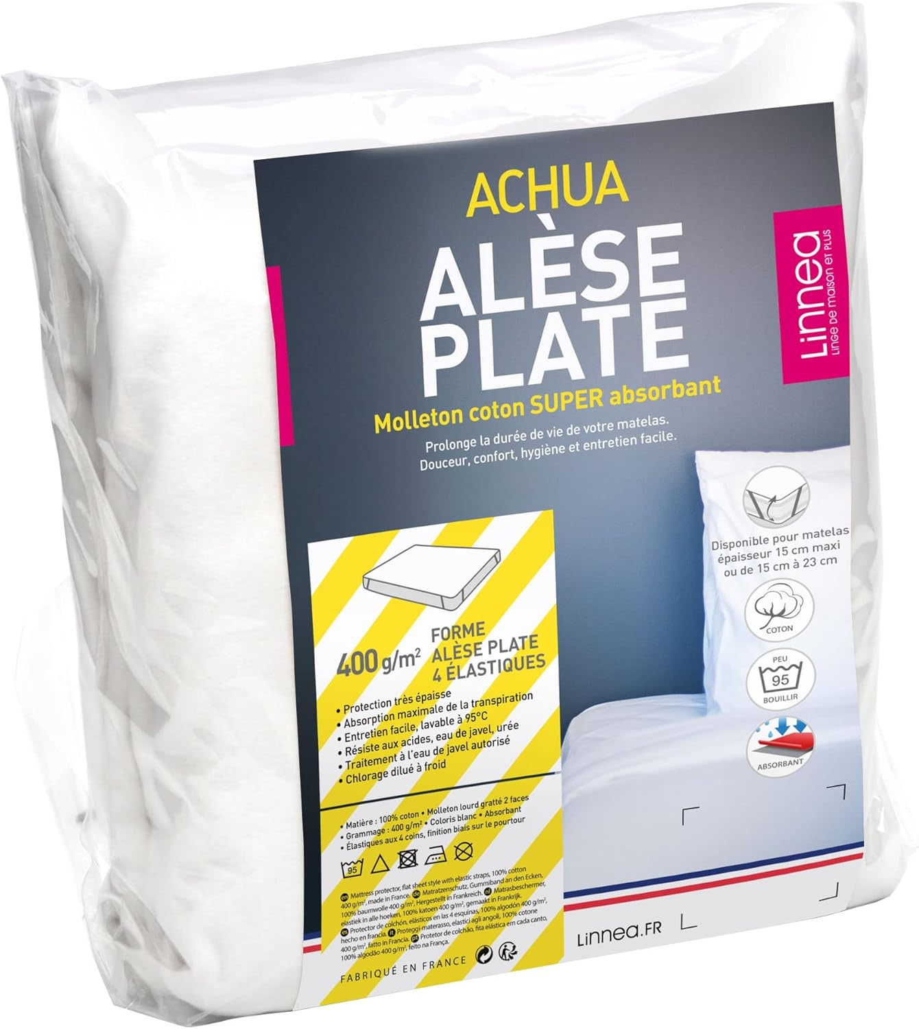 Protège-matelas Drap-housse 160x210 Cm - Molleton Coton 400 G/m², Bonnet 40 Cm, Fabriqué En France, Lavable 95°C (marque Linnea ACHUA)