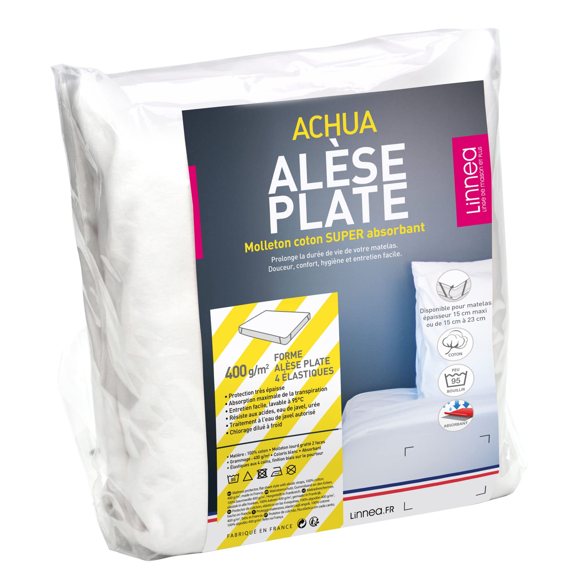 Linnea Alèse Plate 130x190 cm ACHUA Molleton 100% Coton 400 g/m2 Matelas 15cm à 23cm
