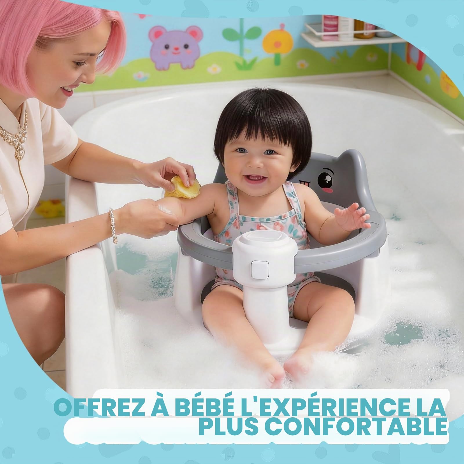 Siège de bain pour bébé dès 6 mois, siège antidérapant avec ventouses, accoudoirs ajustables, siège sécurisé pour baignoire et douche, libère les mains des parents
