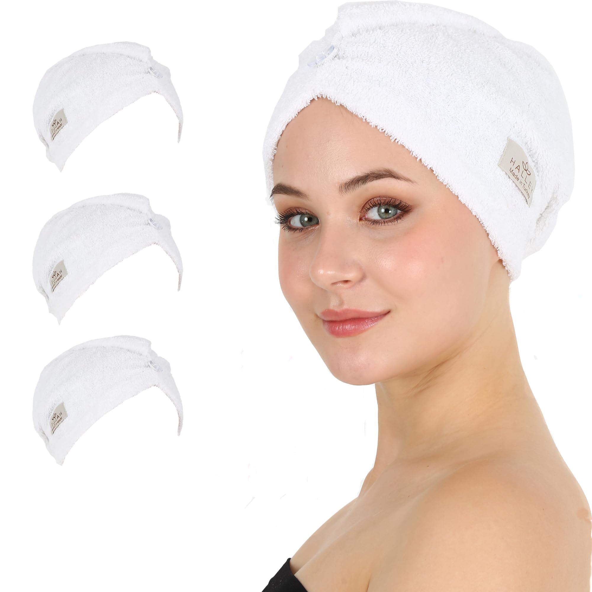 HALLEY Cotton Hair Towel Wrap (3 Packs) Super Absorbent Fast Drying Hair Towel for Thick Hair Turbans for Wet Hair with Button (White)