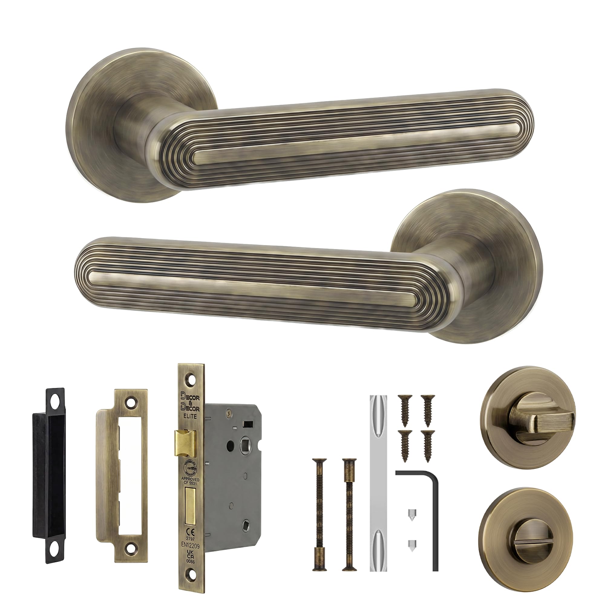 Decoranddecor Antique Brass Bathroom Door Handles with Lock 64mm