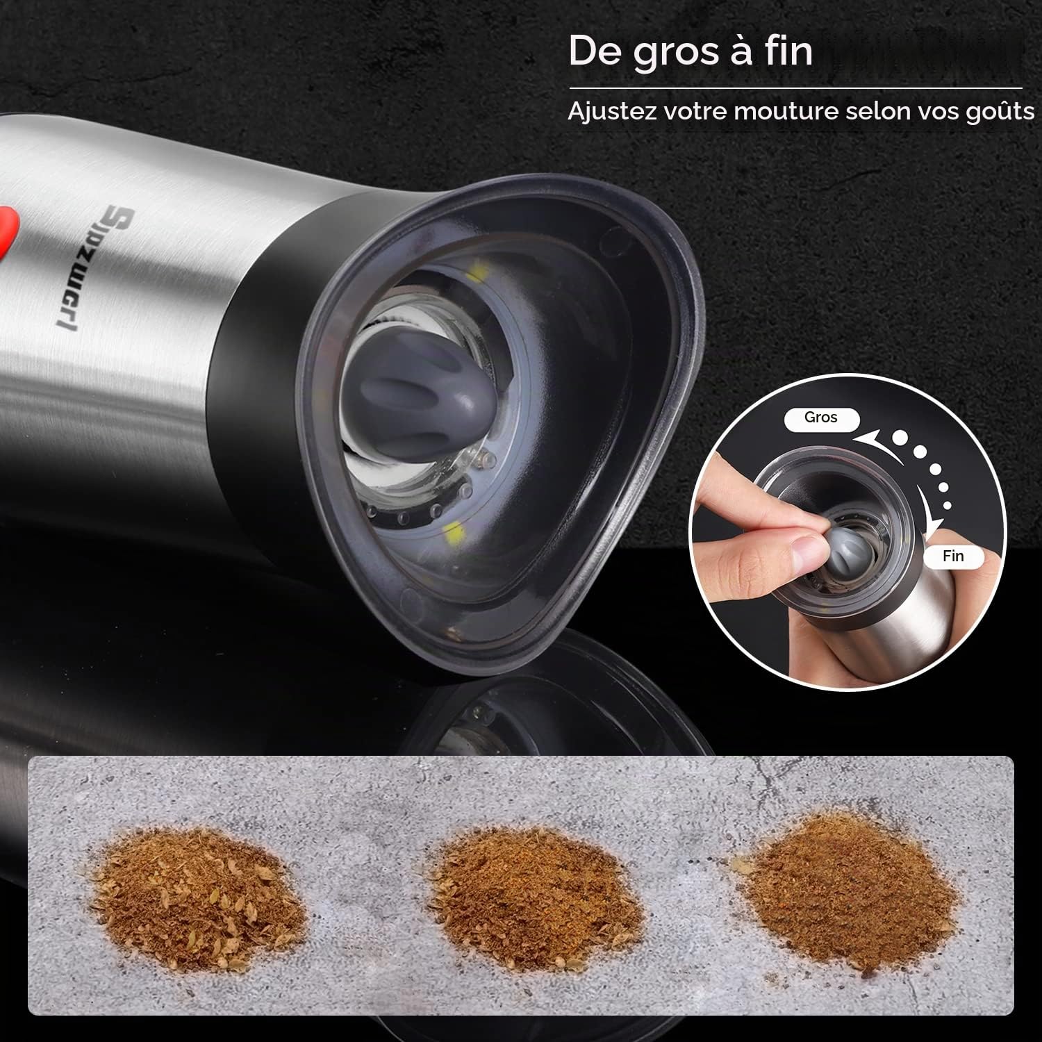 Moulin à Poivre Sel Électrique: Rechargeable USB 170ml Inox | Mouture réglable, gravité, avec éclairage LED. Salière et poivrière automatique