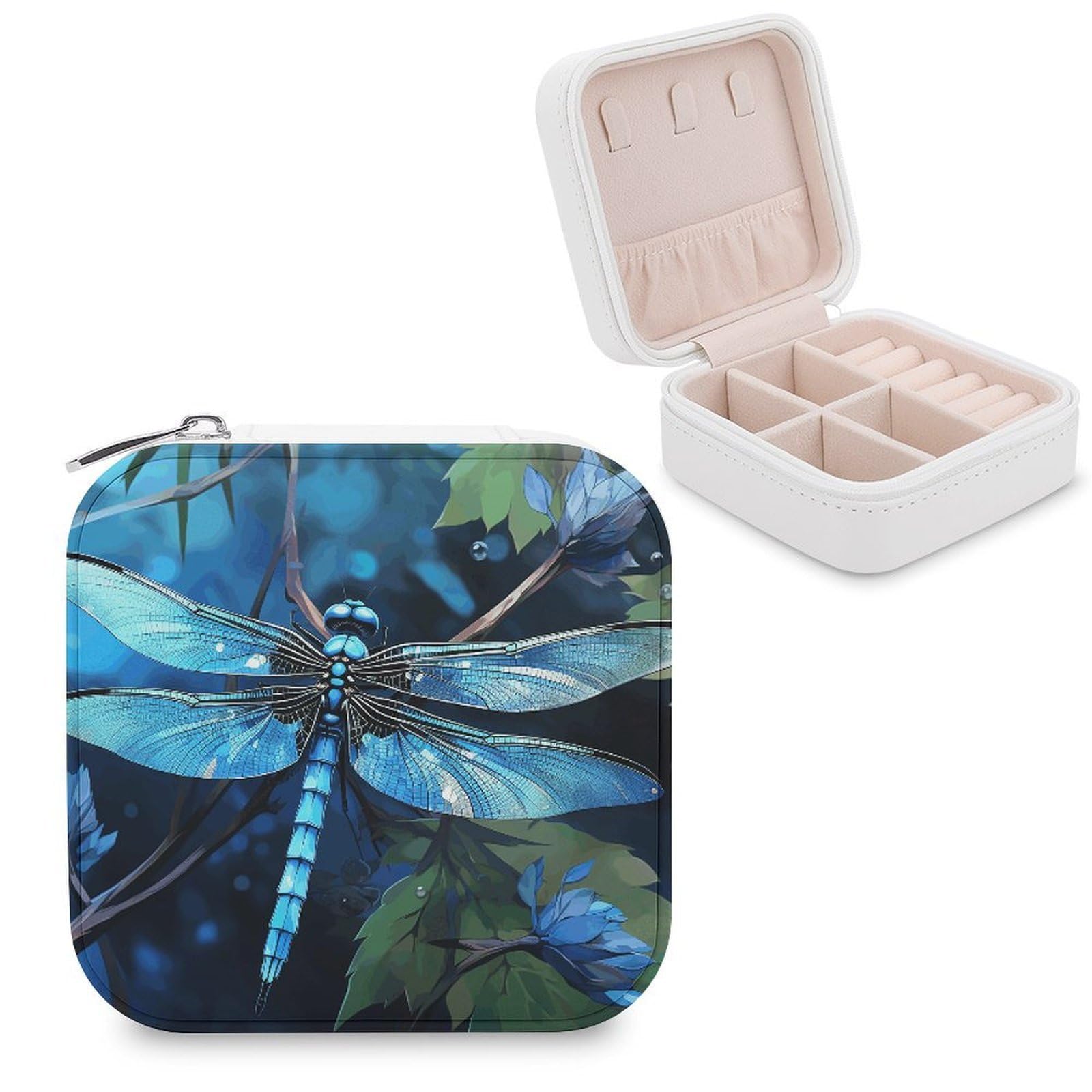 VstaDank Art Blue Dragonfly Travel Jewelry Case Zipper Portable Small Jewelry Box Custom Pu Leather Mini Traveling Jewelry Organizer for Rings Earrings Necklace Bracelet Girls Women