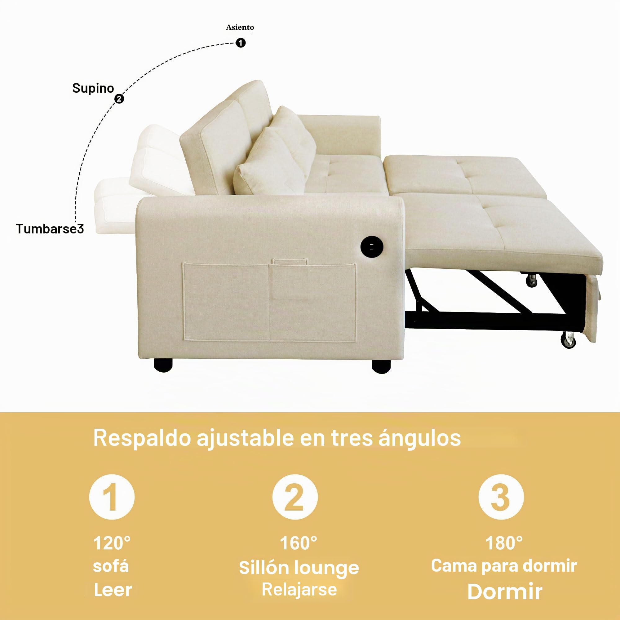 Azkoeesy Sofá Cama Extensible 3 en 1 de 2 plazas, sofá Plegable con Respaldo Ajustable y 2 Almohadas, Puerto USB, Bolsillo Lateral, para salón, Cine en casa, 142 x 83 x 85-172 cm, Tela de Lino, Beige