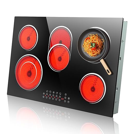 30 Inch Electric Cooktop 5 Burner, 8400W Electric Stove 30 Inches, Built-in Ceramic Stovetop with Touch Control, Timer, 9 Power Level, Safety Lock & Pause, 220V-240V Hard Wird (No Plug)