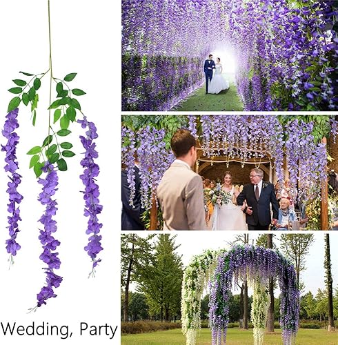 Miniatura 10 de 6 piezas de flores artificiales de glicina de 3.6 piespieza, color rosa denso artificial, vid de glicina falsa, guirnalda colgante de flores de seda