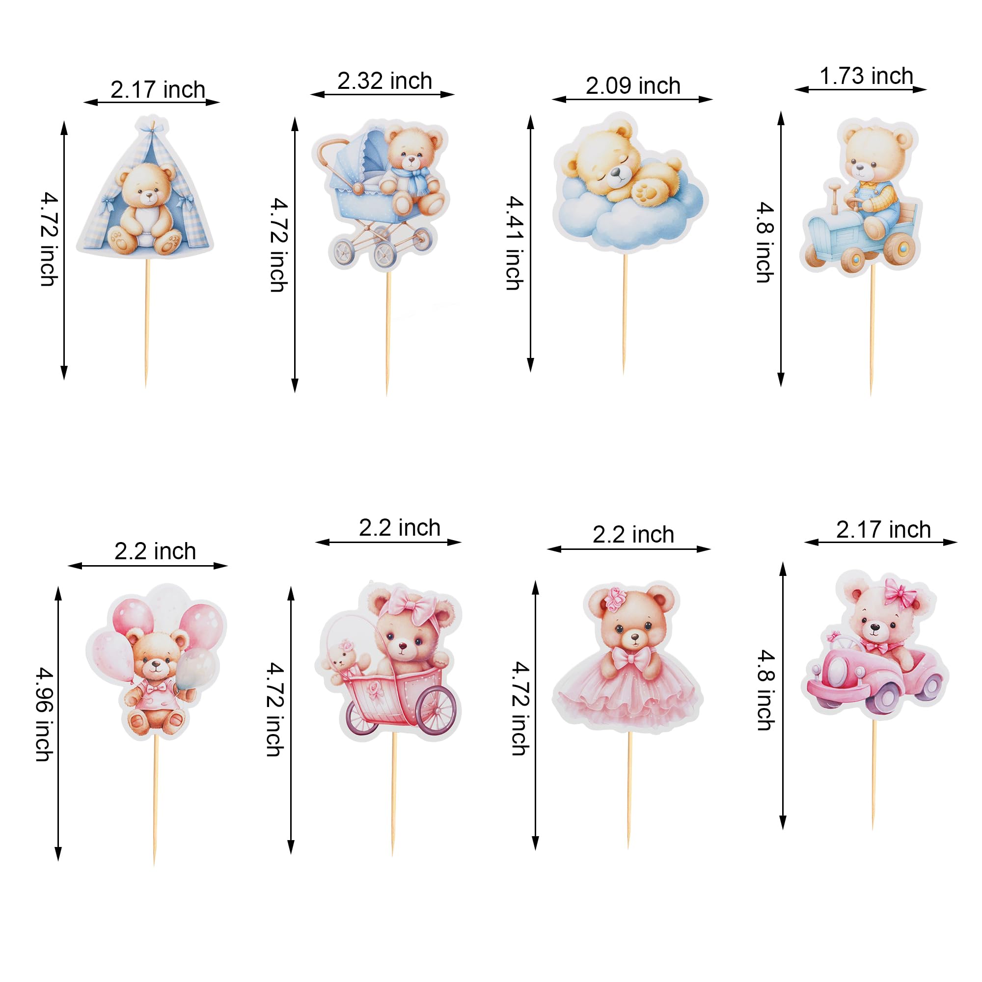 Arthsdite 24Pcs Baby Shower Bear Cupcake Toppers Balloon Cloud Baby Bear Baby Shower Car Rocking Chair Tent Cupcake Picks Decorations Birthday Party Supplies for Boys - Bule Pink