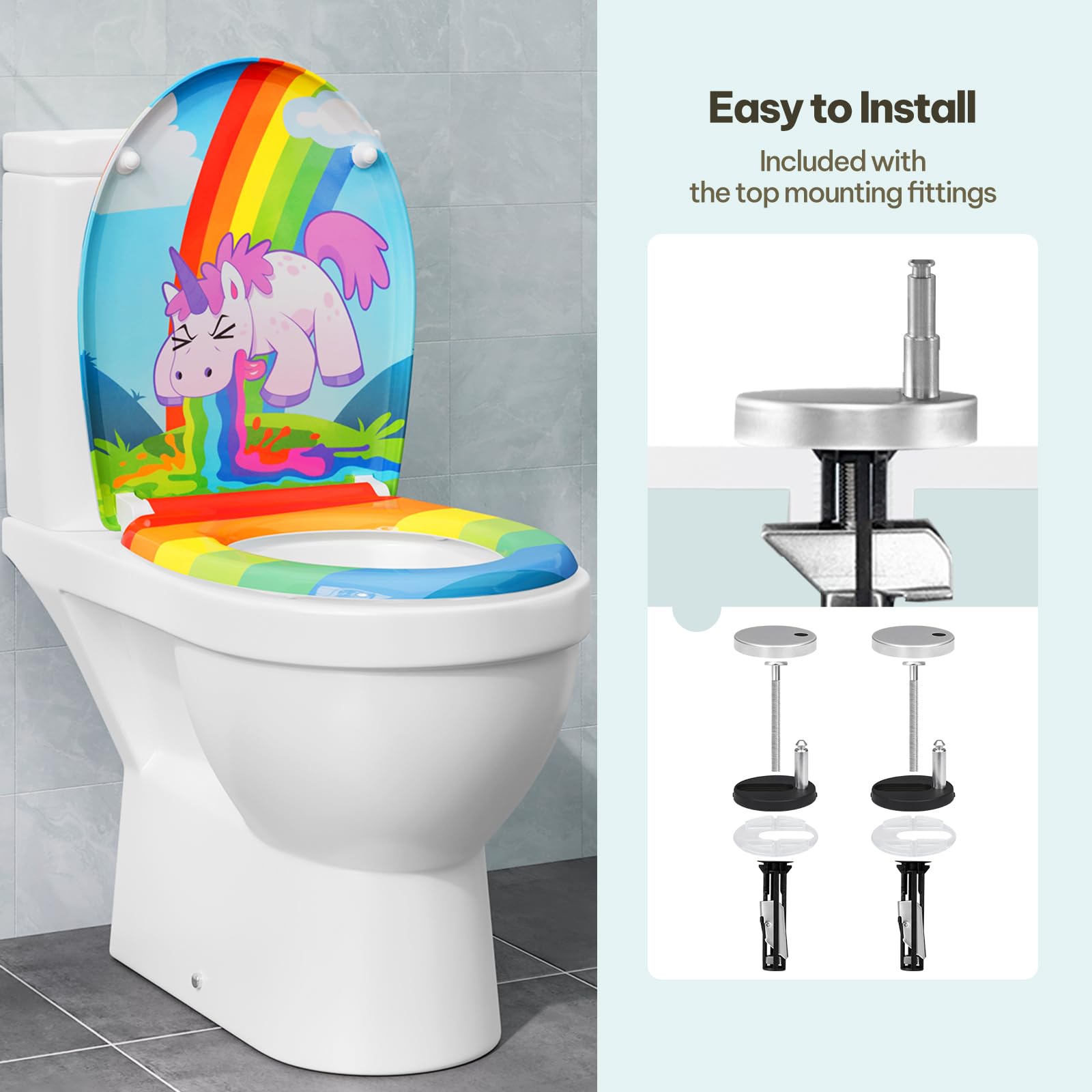 eSituro Toilettendeckel, WC Sitz mit Absenkautomatik, Klodeckel mit Schnellverschluss, 360° verstellbaren Scharnieren, Klobrille aus Duroplast, Regenbogen- und Einhorndruck