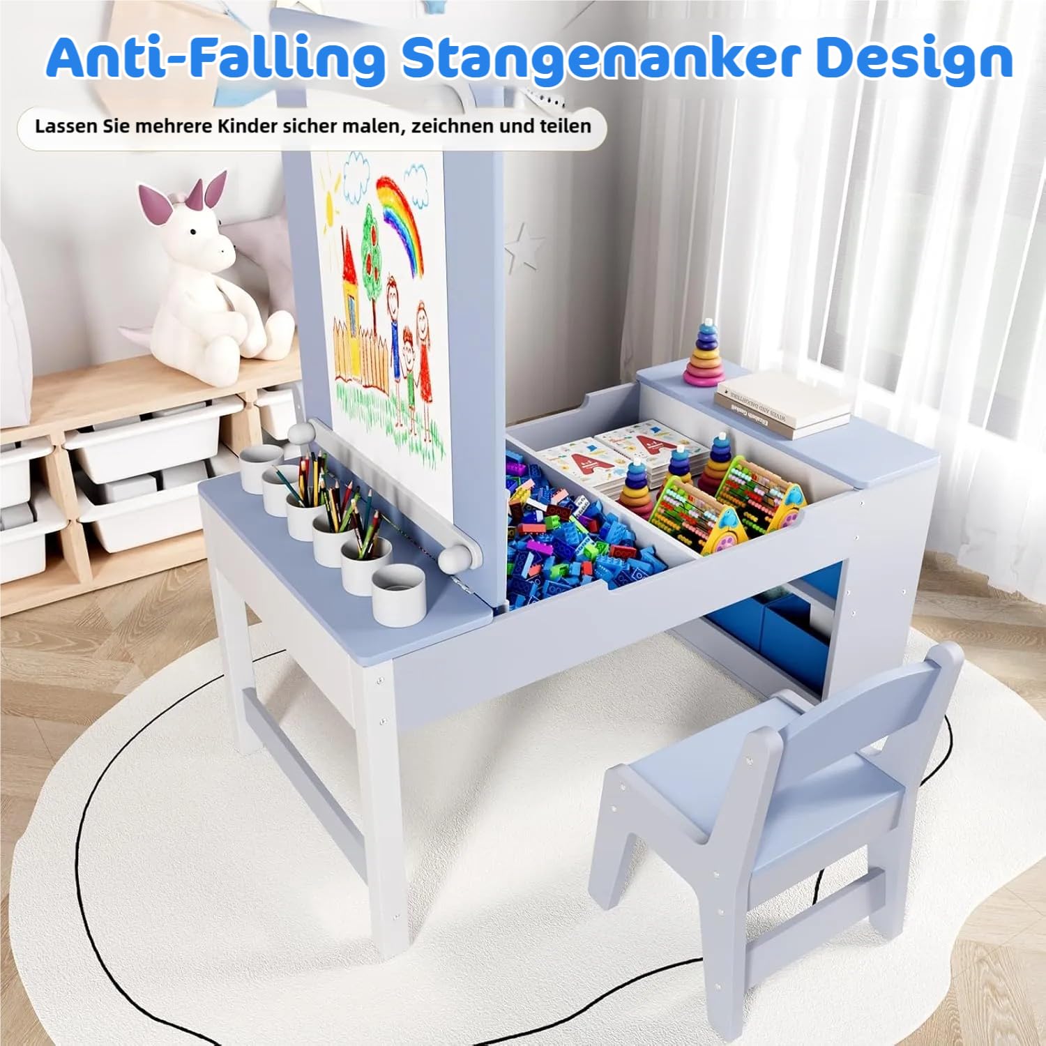 Clevich Kindertisch mit 2 Stühlen, Tisch-Stuhl Set Holz, Kindersitzgruppe mit Stauraum, Maltisch mit Papierrolle, Mal und Basteltisch für ab 3 Jahre (Blau)