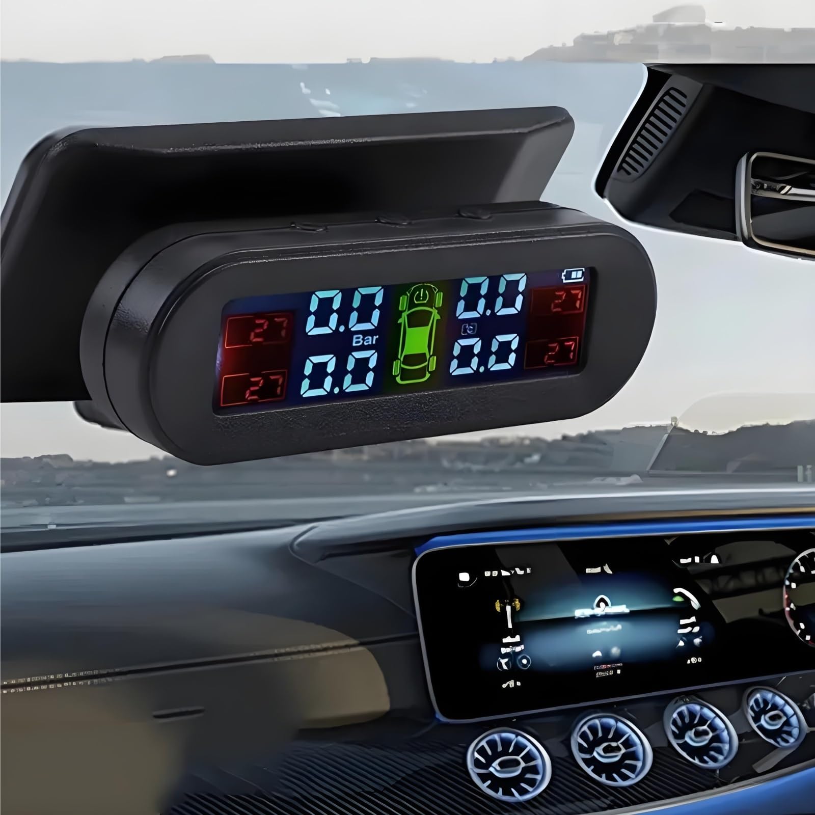 Solar TPMS 4 Externe Sensoren - Solar Lade LCD Monitor Realtime Druck Und Temperaturwarnung IP67 Sensoren PSI/Bar Für Pkw SUV OEM TPMS-4S