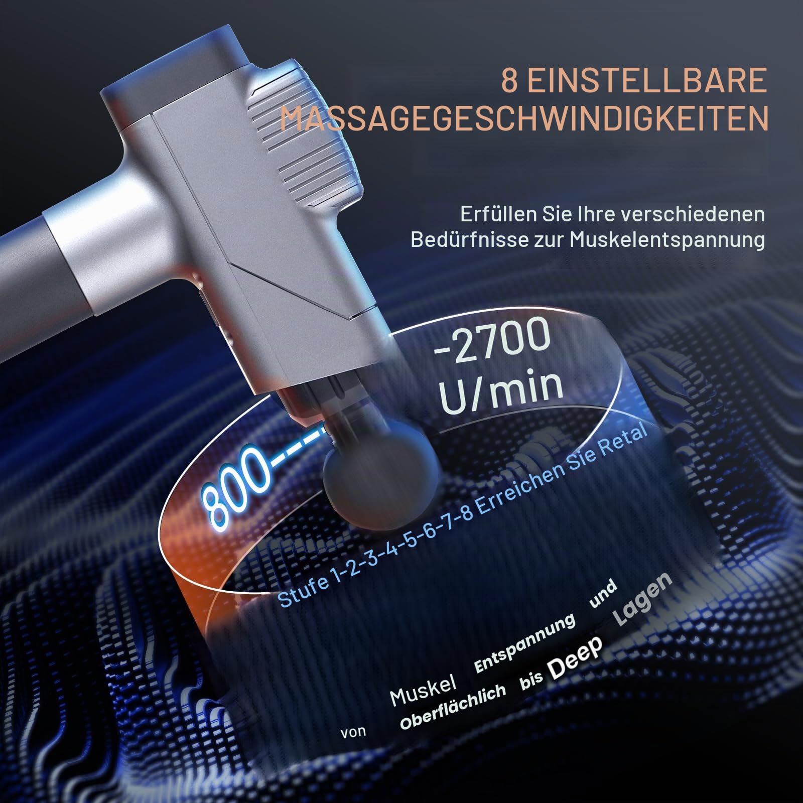 VEVOR Massagepistole, Massagegerät für Sportler – mit 8 Geschwindigkeitsstufen und 6 Massageköpfen, 35 W 2500 mAh Akkus, elektrische Massagepistole zur Schmerzlinderung und Muskelentspannung