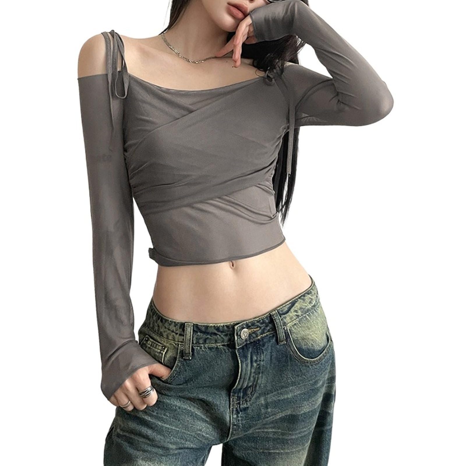 T-Shirt A Maniche Lunghe Da Donna Off Shoulder Top A Maniche Arricciate in Mesh Slim Fit Crop Top Abbigliamento Streetwear
