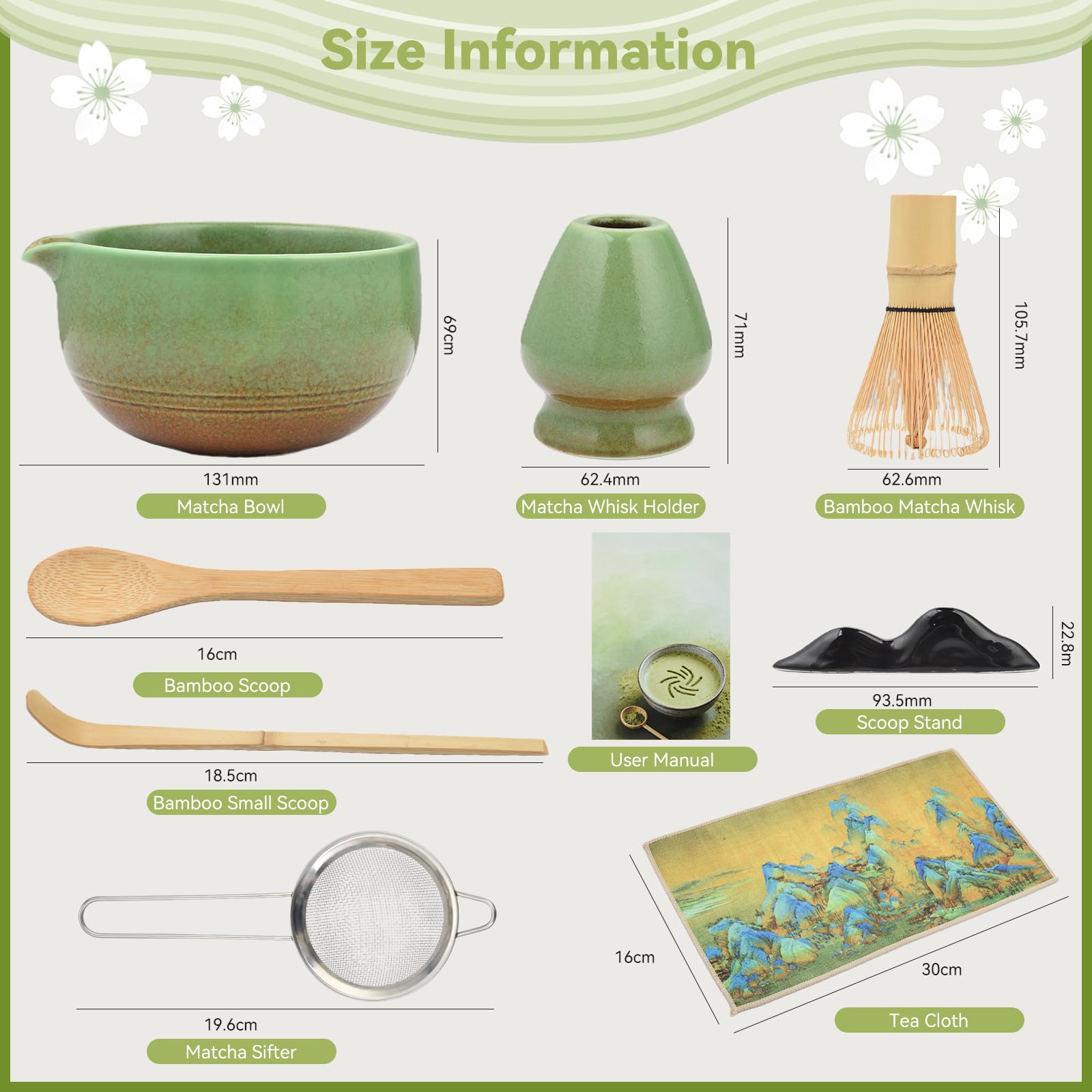 OTraki 9 Pezzi Macha Tea Kit, Kit Matcha Completo Accessori Per La Cerimonia Del Tè Giapponese, Ciotole Per Matcha, Paletta, Frusta Per Matcha Fatto A Mano, Confezione Per La Famiglia E Gli Amici