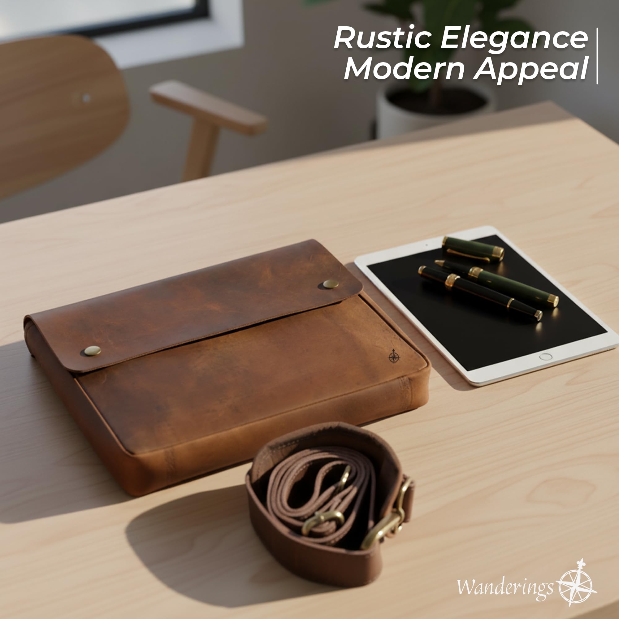 WANDERINGS Carpeta Grande de Cuero Genuino con Correa Removible - Organizador de Documentos Folio Hecho a Mano - Portadocumentos de Cuero - Compatible con Tablets y Laptops de 15" 14" 13"