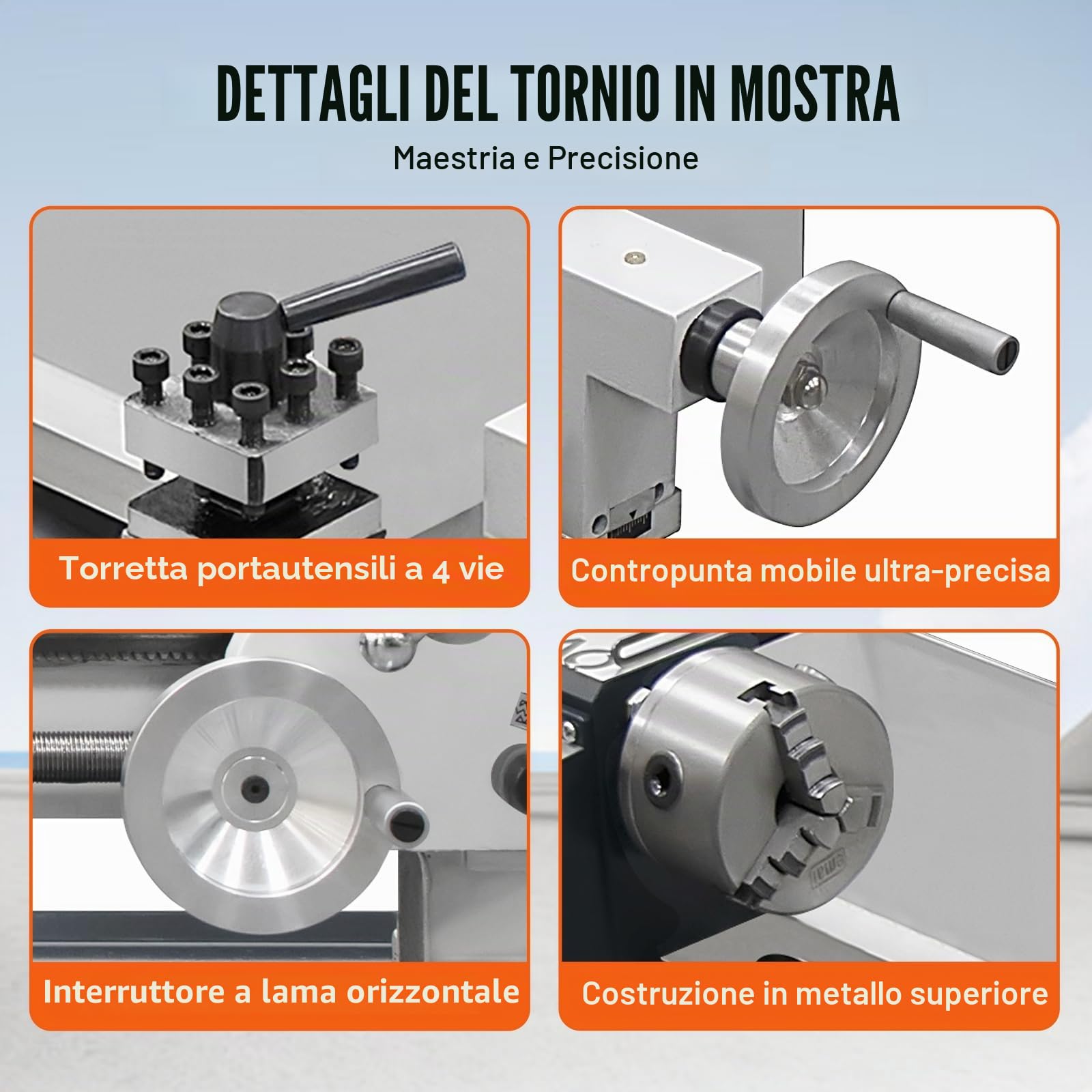 Tornio per Metallo 180MMx350MM 750W Mini Tornio Metallo,Metallo Ingranaggio Con Porta Coltello e Pennello,Velocità Variabile 0-2500 Giri/min,Tornio per Metalli per Filettatura/Tornitura/Foratura