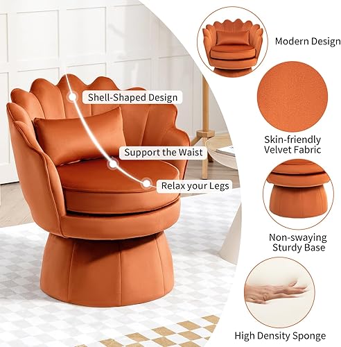 Miniatura 4 de Silla giratoria de 360, silla de barril de terciopelo moderna de mediados de siglo, cómoda silla con brazo en forma de concha con almohada lumbar