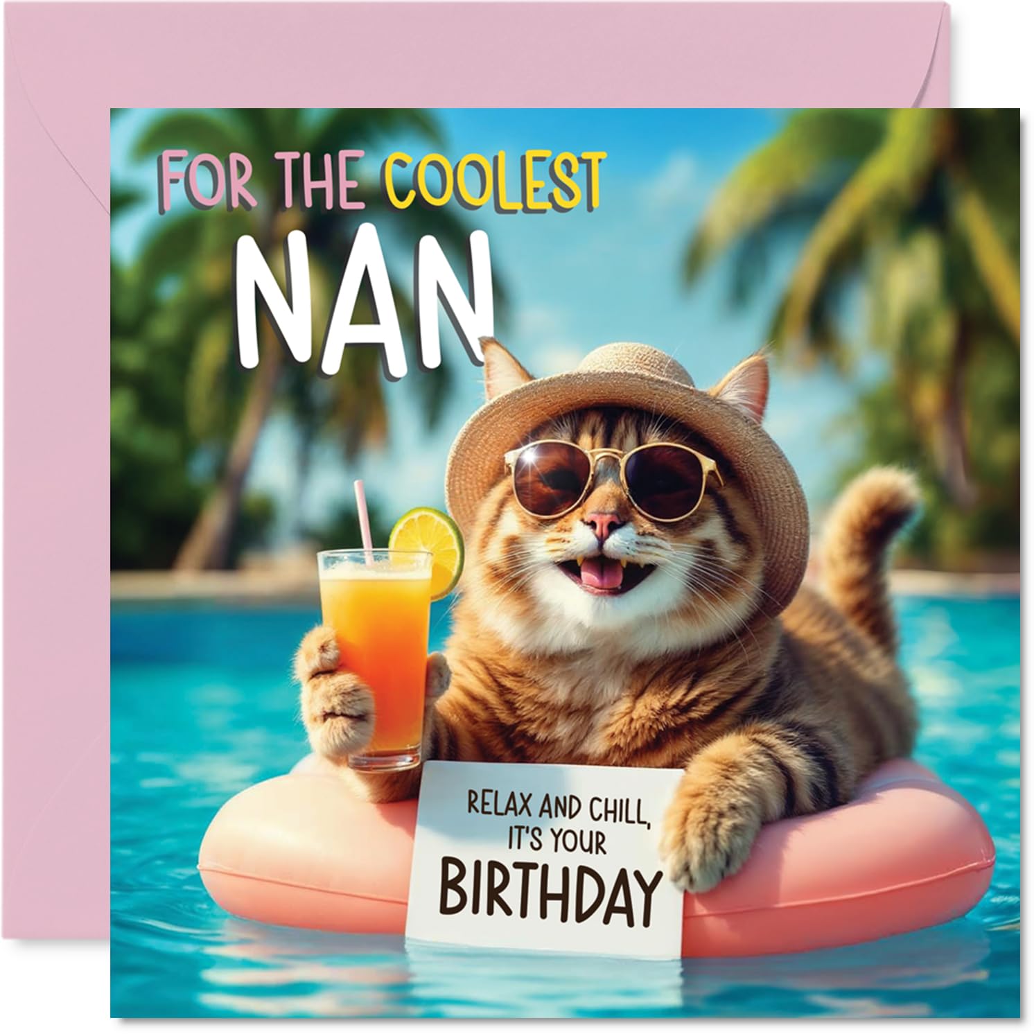 Nan Birthday Card - Pool Cat - Happy Birthday Card for Nan from Grandson Granddaughter, 145mm pool cat Bday Greeting Cards