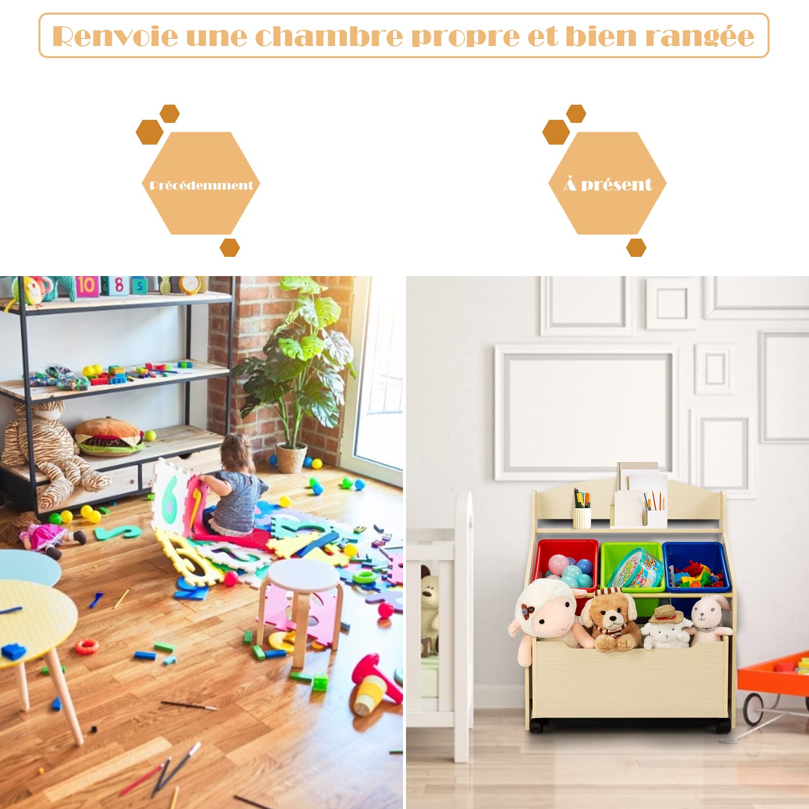 DREAMADE Coffre à Jouets pour Enfants avec 3 Palettes, Boîte de Rangement en Bois, PP, Fer, Grande Capacité de Chargement pour Jouets, Livres, Vêtement, 63,5X38X76 CM(Noyer)