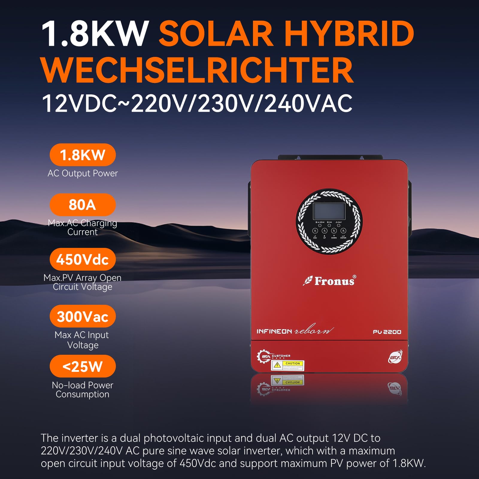 1.8KW Hybrid Wechselrichter 12V DC zu 230V AC Pure Sine Wave Inverter mit 80A MPPT Solarregler Max PV-Eingang 450V, Off-Grid Inversor Support Lifepo4