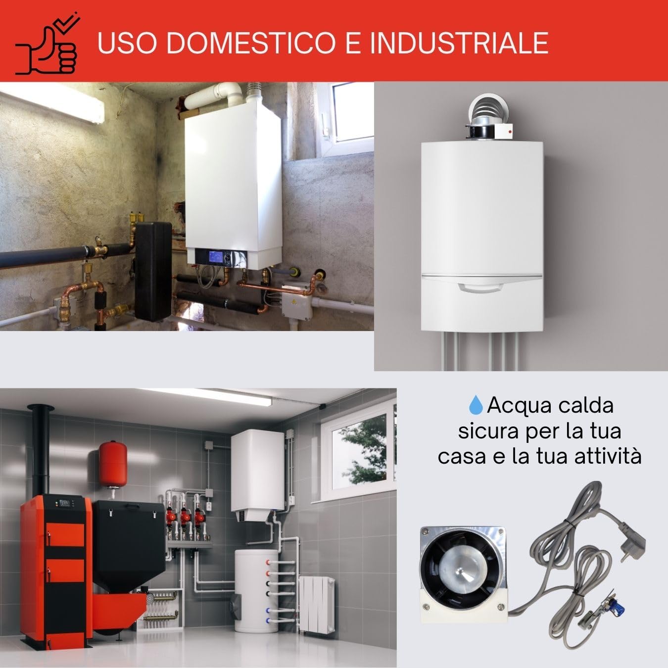 GOLDMAN SERVICE | Kit Evacuazione Fumo per Caldaie e Riscaldatori a Gas ACS | Ventilatore Tiro Forzato con Deflettore e Sensore di Sicurezza | 19 W 220 V