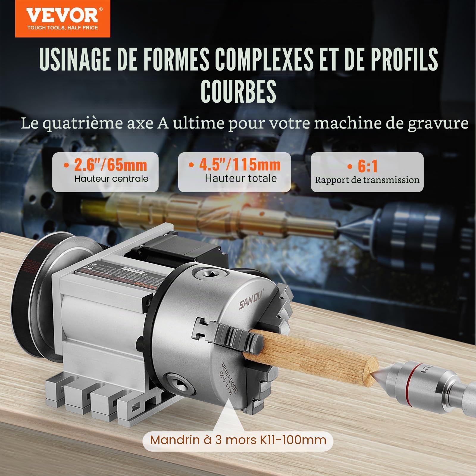 VEVOR Tête de division, mandrin à 3 mâchoires K11-100 mm, diviseur à 3 mâchoires fraiseuse CNC 4ème axe de rotation tête indexation hauteur centre 65 mm contre-pointe MT2 rapport de transmission 6:1