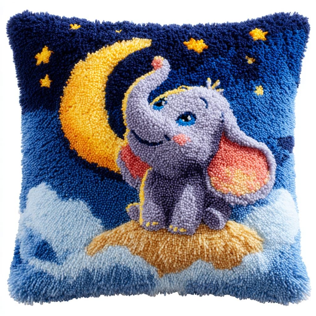 Taxpy DIY Latch Hook Rug Kits, Elephant and Moon Latch Hook Cushion Kits Pillowcase Rug Crochet Needlework DIY Needlework Pillow Cover Sofa Cushion 43x43cm