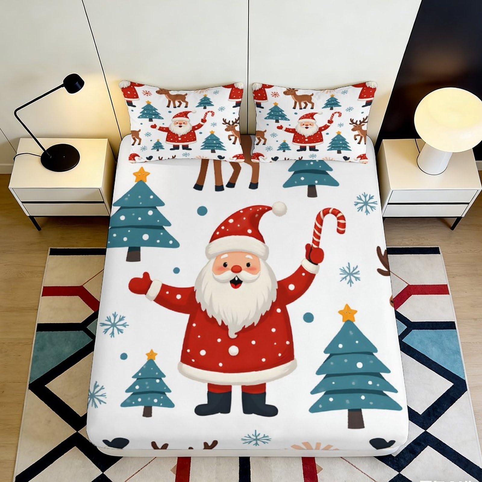 3D Printed Santa Claus Christmas Tree Fitted Sheet Microfiber Soft Breathable Reindeer Bed Cover for Bedroom Dorm Decor 140x200x25cm