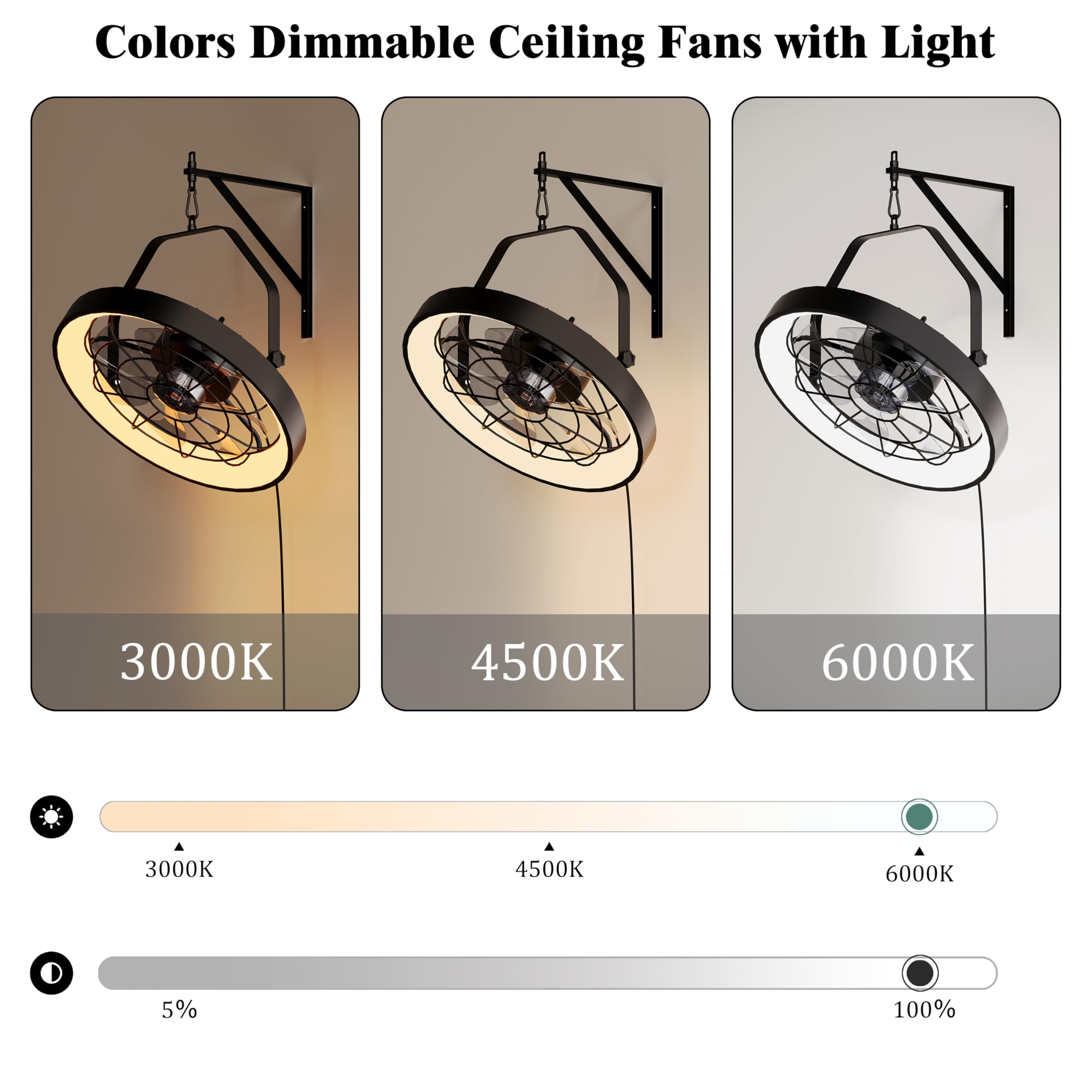 Ventilador de montaje en pared de 20 pulgadas con luz, ventilador de techo de alta velocidad de 5000 CFM de 6 velocidades, ventilador de exterior de inclinación ajustable con luz LED 3