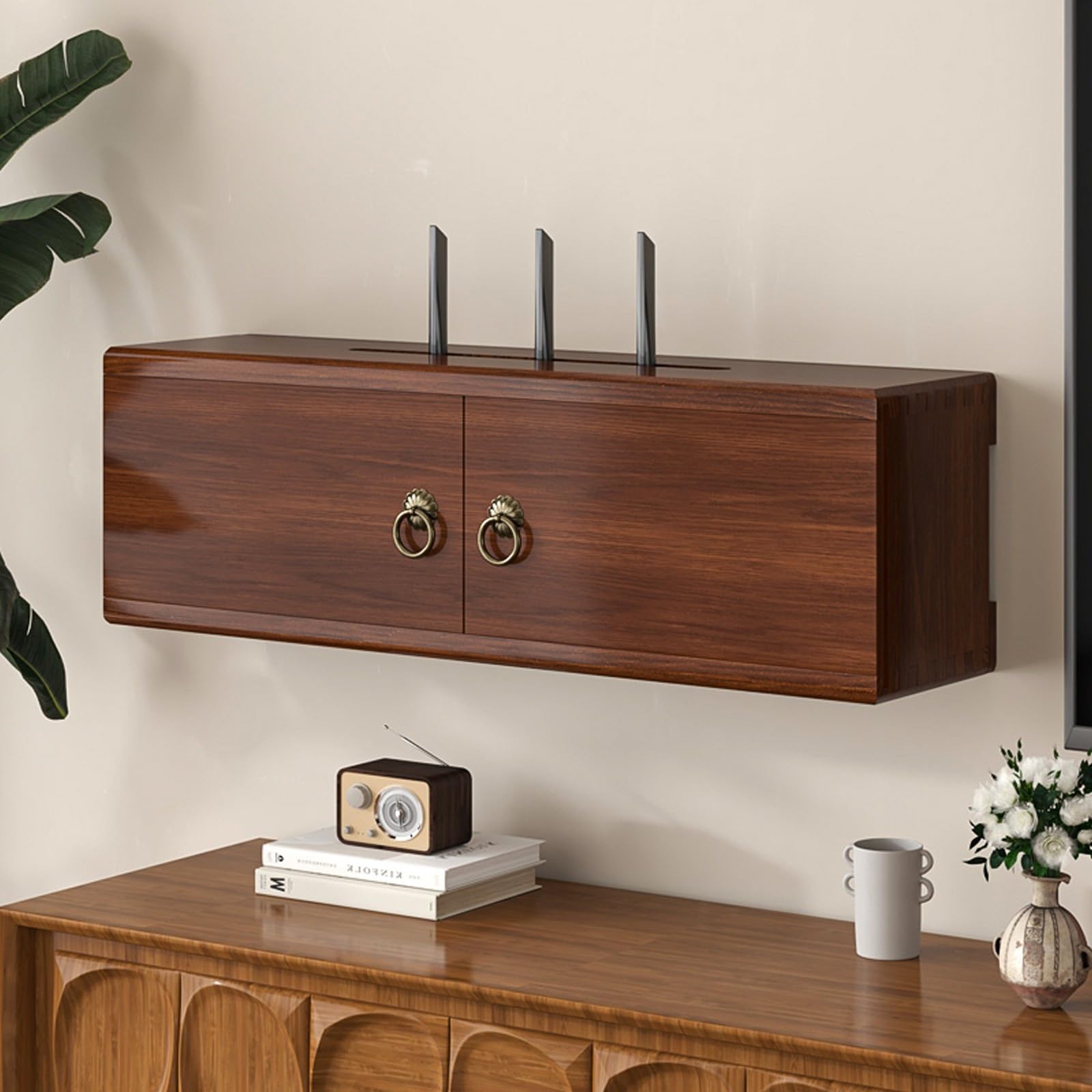 MESCXTY Wooden Wall-Mounted WiFi Router Hidden Storage Box Power Strip Shelf, Cabinet, Modem and Cable Management Hider Organizer(Brown,60cm/23.6in)