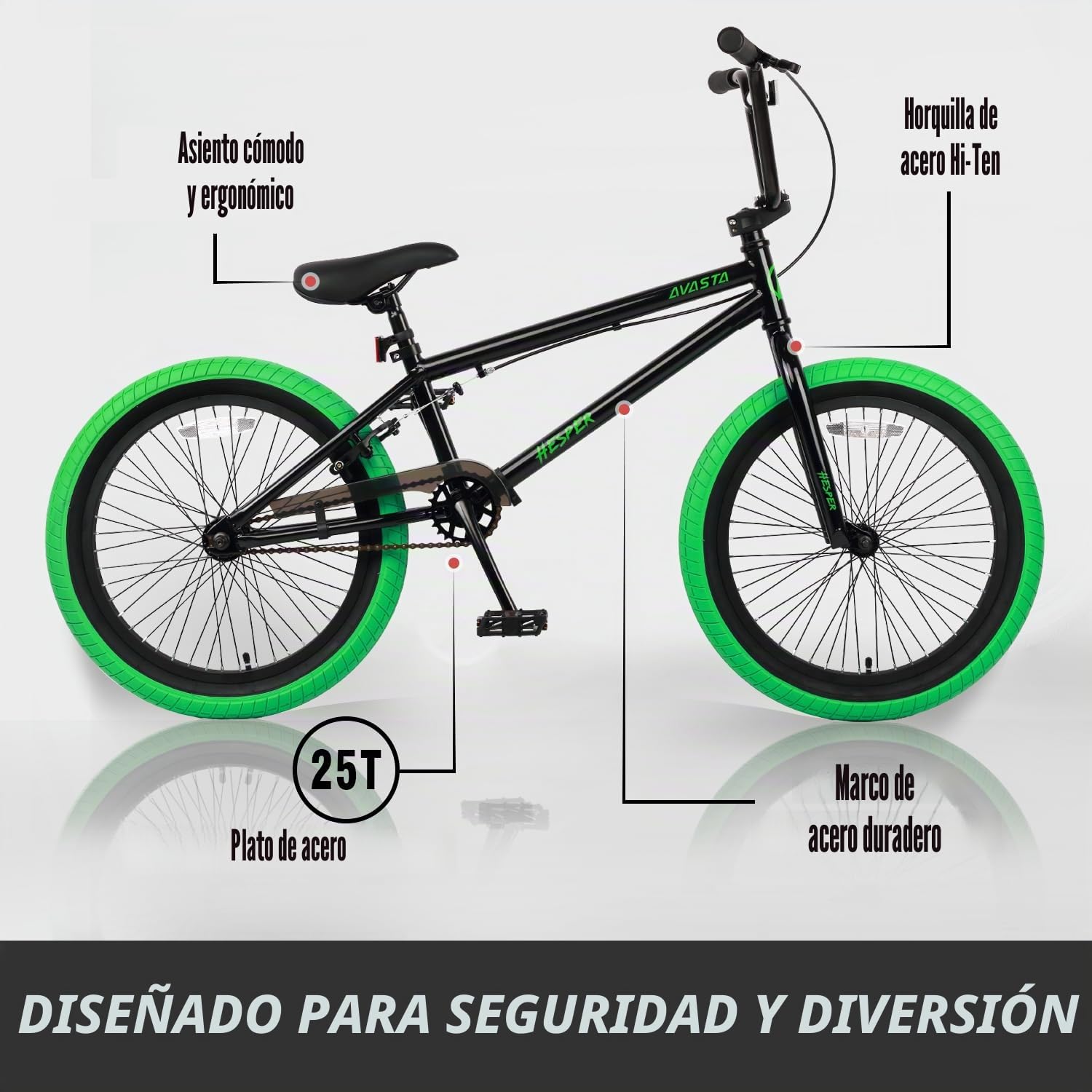 AVASTA Hesper Bicicleta BMX Freestyle de 20 Pulgadas para Niños de 6, 7, 8, 9, 10, 11, 12, 13, 14 Años, niños y principiantes, Negro con neumáticos Verdes