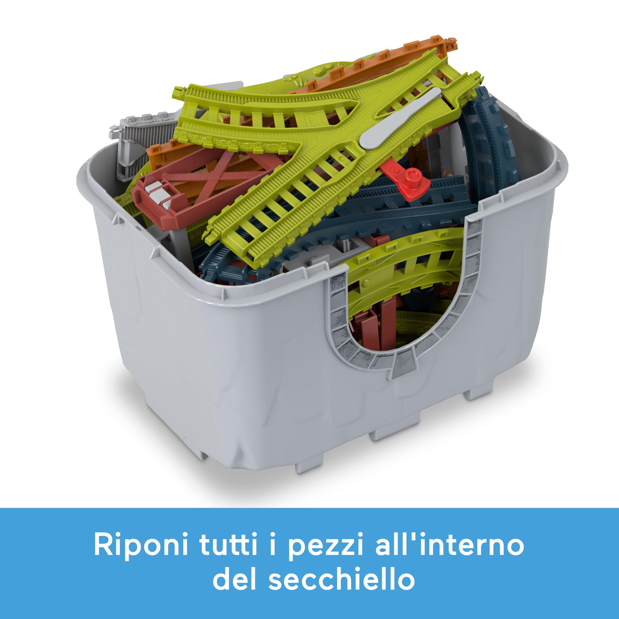 Il Trenino Thomas - Bauletto Multipista, set di espansione da 34 pezzi per trenini e locomotive die-cast e motorizzati a pile, giocattolo per bambini, 3+ anni, HNP81