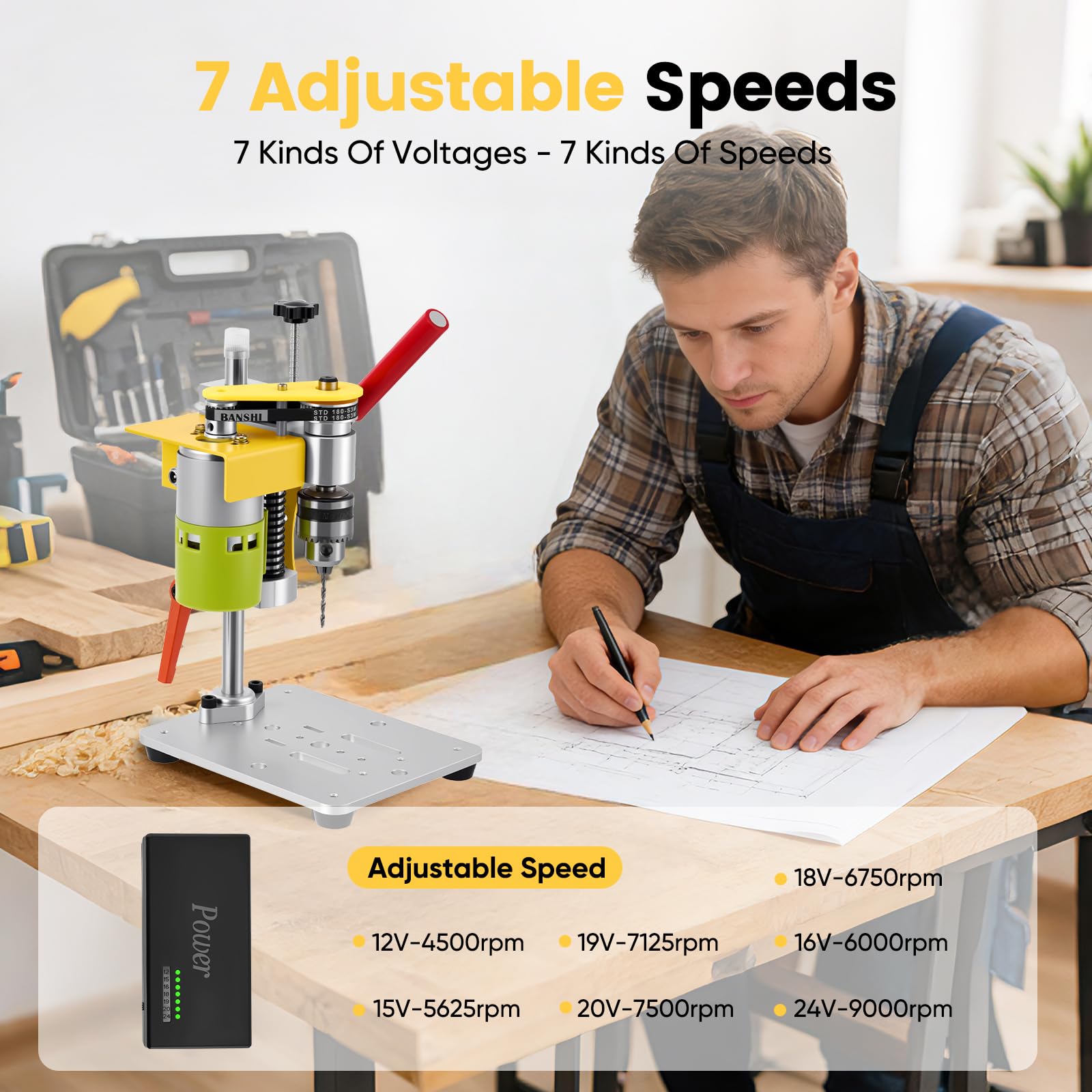 Standbohrmaschine, 4500-9000Rpm Miniatur Tischbohrmaschine mit 7 Geschwindigkeiten, Mini Tischbohrmaschine für DIY Holz, Metall und Kunststoff Electric Drill Press