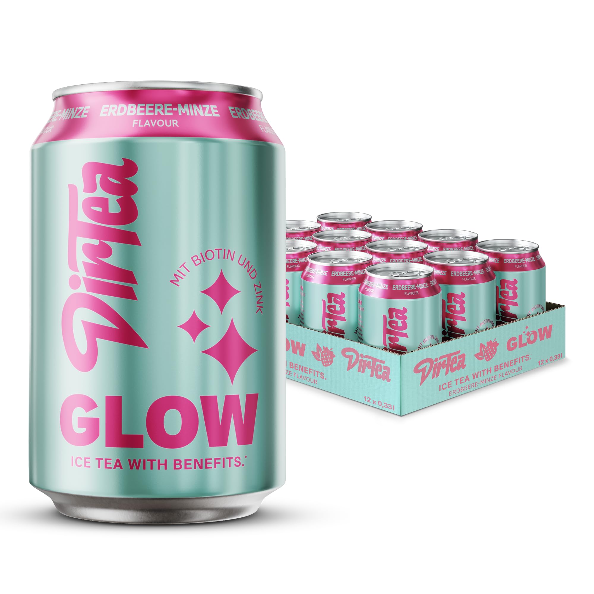 DirTea GLOW im Vorratspack (12 x 0,33 l) – Funktionaler Eistee mit Erdbeer- und Minzgeschmack, direkt aufgebrüht, mit Biotin & Zink – Erfrischend & fruchtig