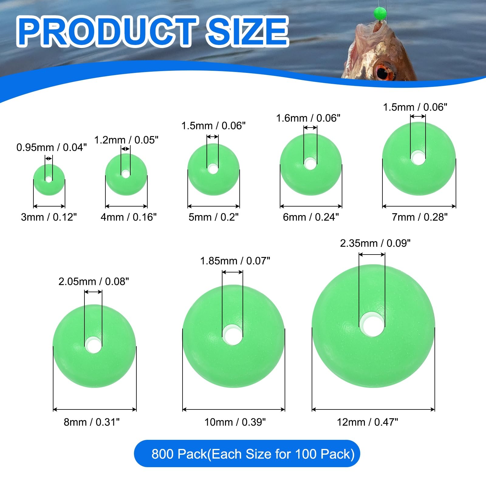 YELARXI Fishing Beads Glow Hard Plastic Fishing Bait Eggs Lure Rigs Accessories, 3/4/5/6/7/8/10/12 mm Fit for Saltwater Freshwater - Round (800 Pack, Green)