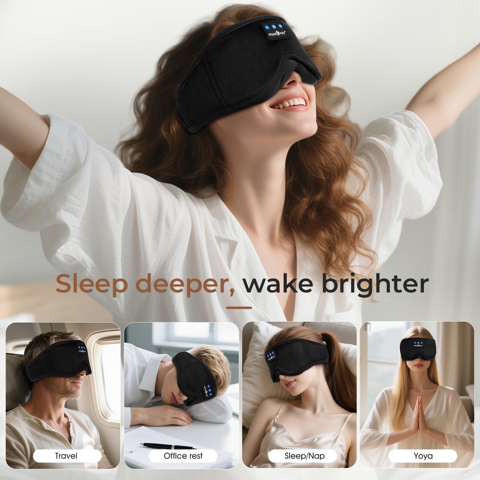 MUSICOZY Bluetooth Schlafmaske mit Kopfhörer,Bequeme 3D Schlafmaske für Seitenschläfer,100% Verdunkelung & kein Augendruck, weich&atmungsaktiv,ideal für Schlafen,Reisen,Flugzeug & Insomnia, 14h Akku