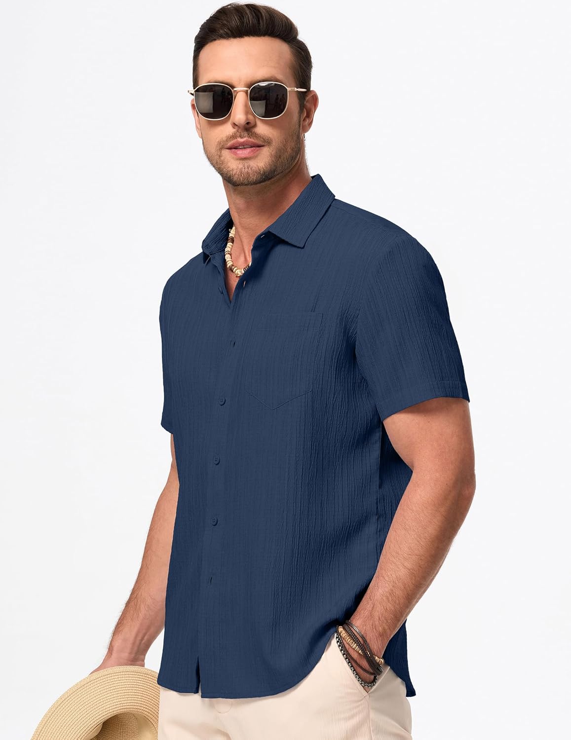 JMIERR Men's Casual Button Down Shirt Short Sleeve Summer Beach Vacation Shirts Textured Shirts with Pocket - Image 7