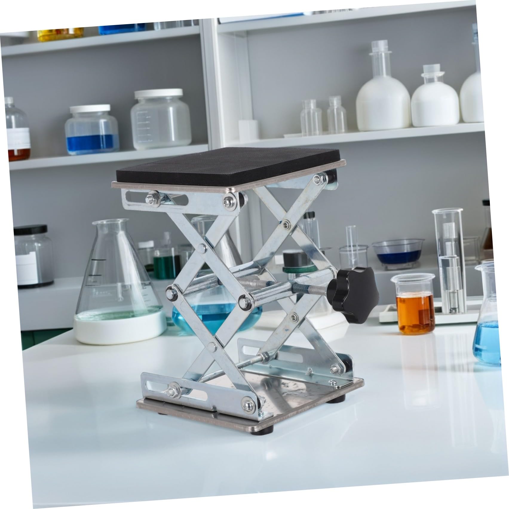 Mini Gato de Tijera de Laboratorio de Acero Inoxidable 6x6 Pulgadas | Altura Ajustable 70 a 260mm, Superficie Amplia para Matraces y Dispositivos de Laboratorio