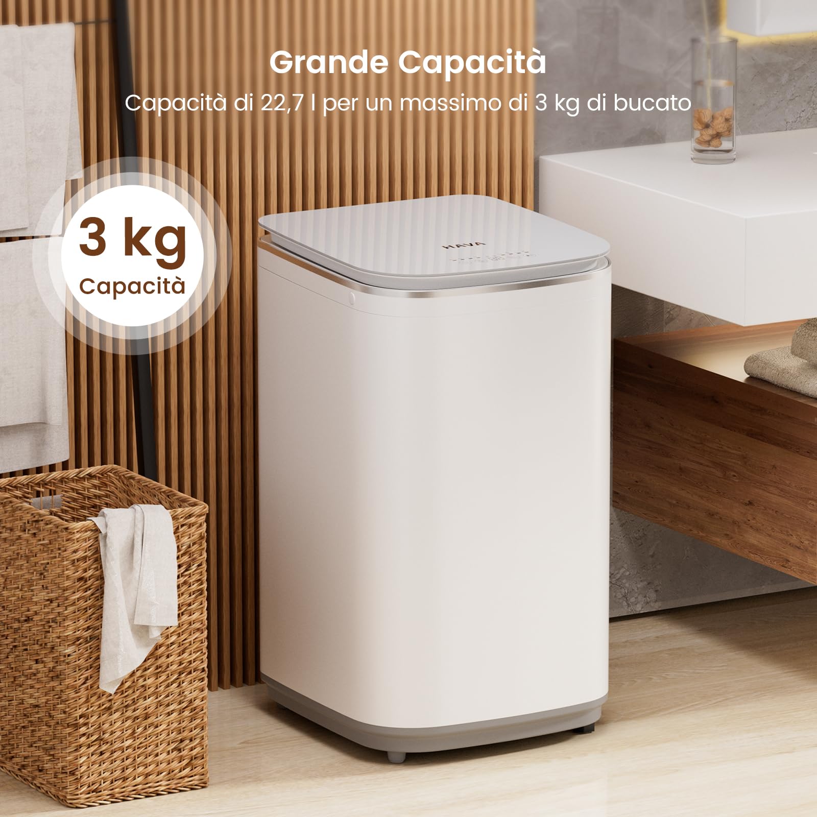 HAVA Mini lavadora, 3 kg de capacidad, pequeña lavadora y centrifugador, totalmente automática con 8 programas, función de lavado en caliente y bomba de drenaje, ahorra espacio para apartamentos