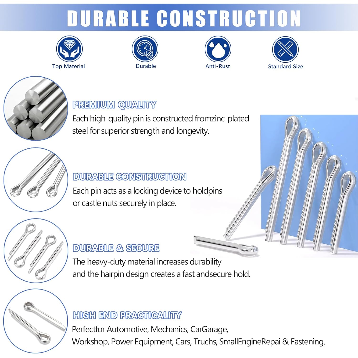Cotter Pin Assortment, 400 PCS Hairpin Cotter Pins, Split Pin Fastener Clips, Straight Hairpins, Holds Pins or Castle Nuts in Place (Zinc Plated Steel)