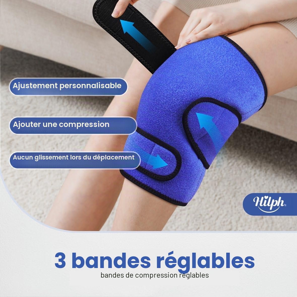 Hilph Poche de Glace Genou, Genouillère Thérapie Chaud/Froid Réutilisable - Enveloppement Total du Genou pour Chirurgie (Remplacement), Soulagement Douleur, Gonflement, Entorses - Bleu