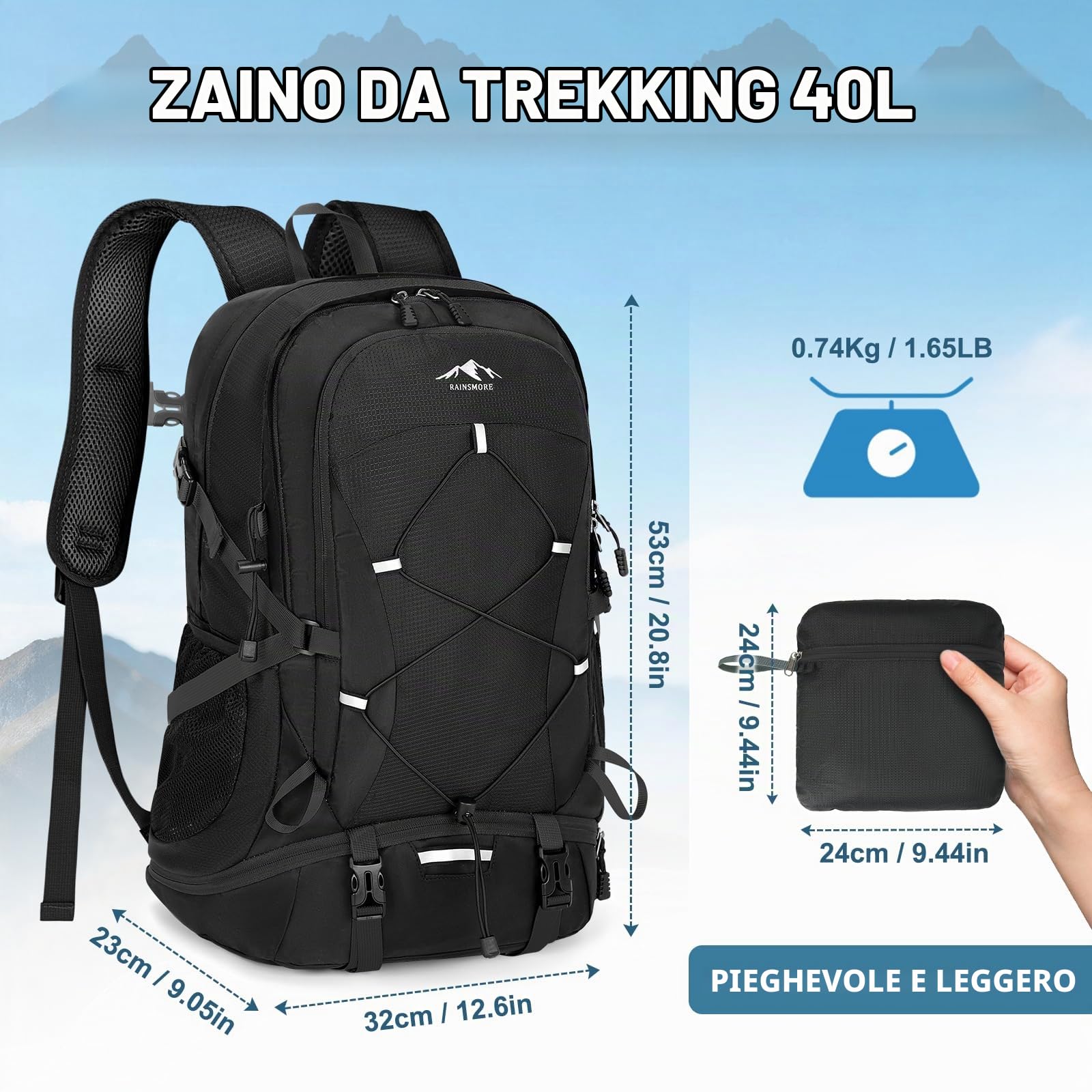 RAINSMORE Zaino Trekking 40 Litri Pieghevole Zaino Montagna Per Uomo Donna | Impermeabile Ultraleggero Zaino Da Viaggio Per Arrampicata,Escursionismo Nero