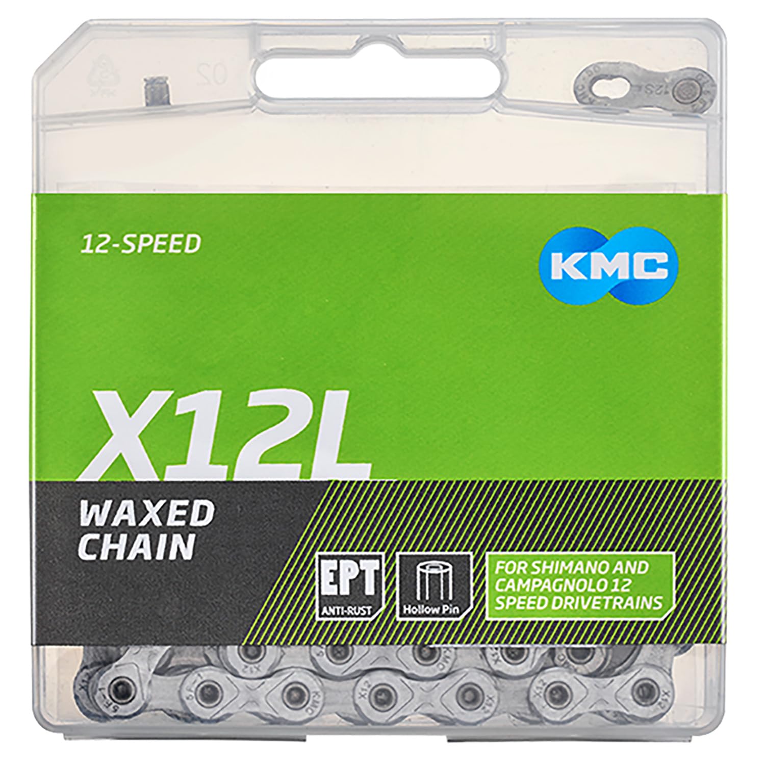 KMC Fahrradkette, 12-fach, gewachst, 126 Glieder, Shimano kompatibel, inkl Missinglink, X12L silber