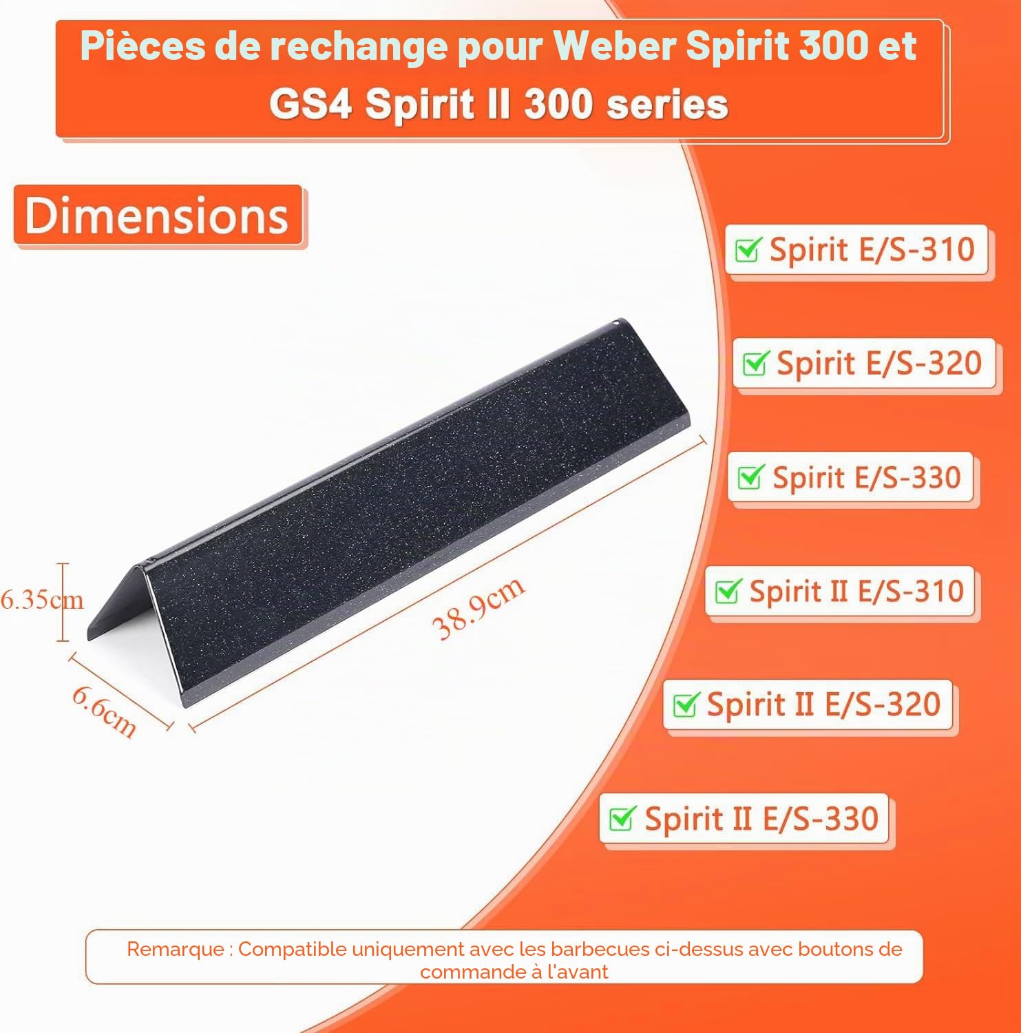 GFTIME 38,9cm 7636 Flavorizer Bar pour Weber Spirit I & II E-310/320/330, S-310/320/330 (avec Boutons de brûleur Avant), émail Plaque Chauffante Gaz Grils Accessoires